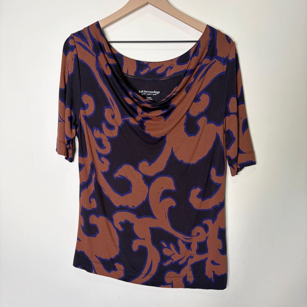 Soft Surroundings Top Cowl Neck Boho 1/4 Sleeve Brown Blue Stretchy Knit Women M